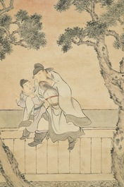 Gu Jianlong (Chine, 1606-1687): Figures dans un jardin, encre et couleurs sur papier, mont&eacute;